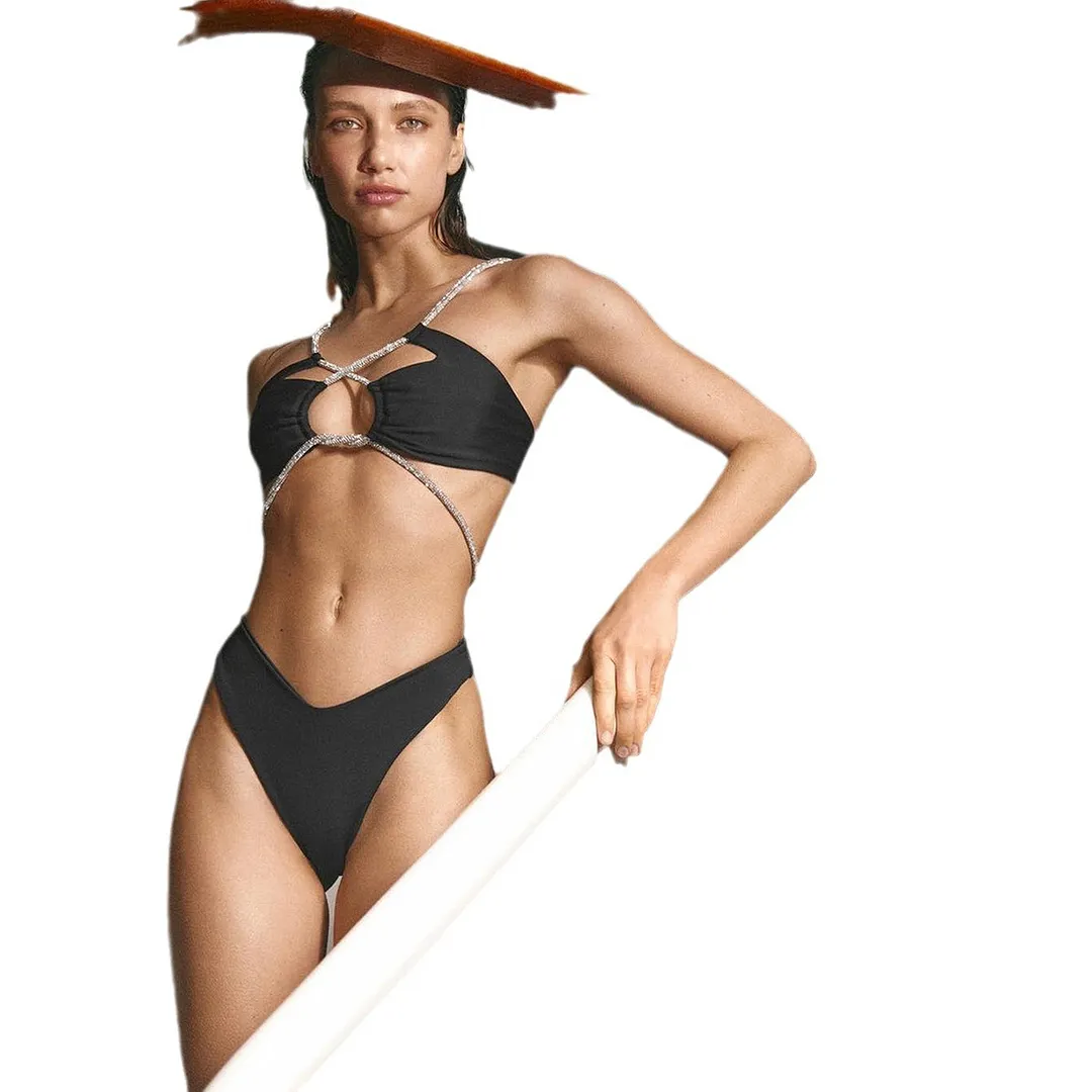 Uveng Solid Color With Diamond Chain Solid Color Split Swimsuit Women 2025 New Two-Wear Bikini