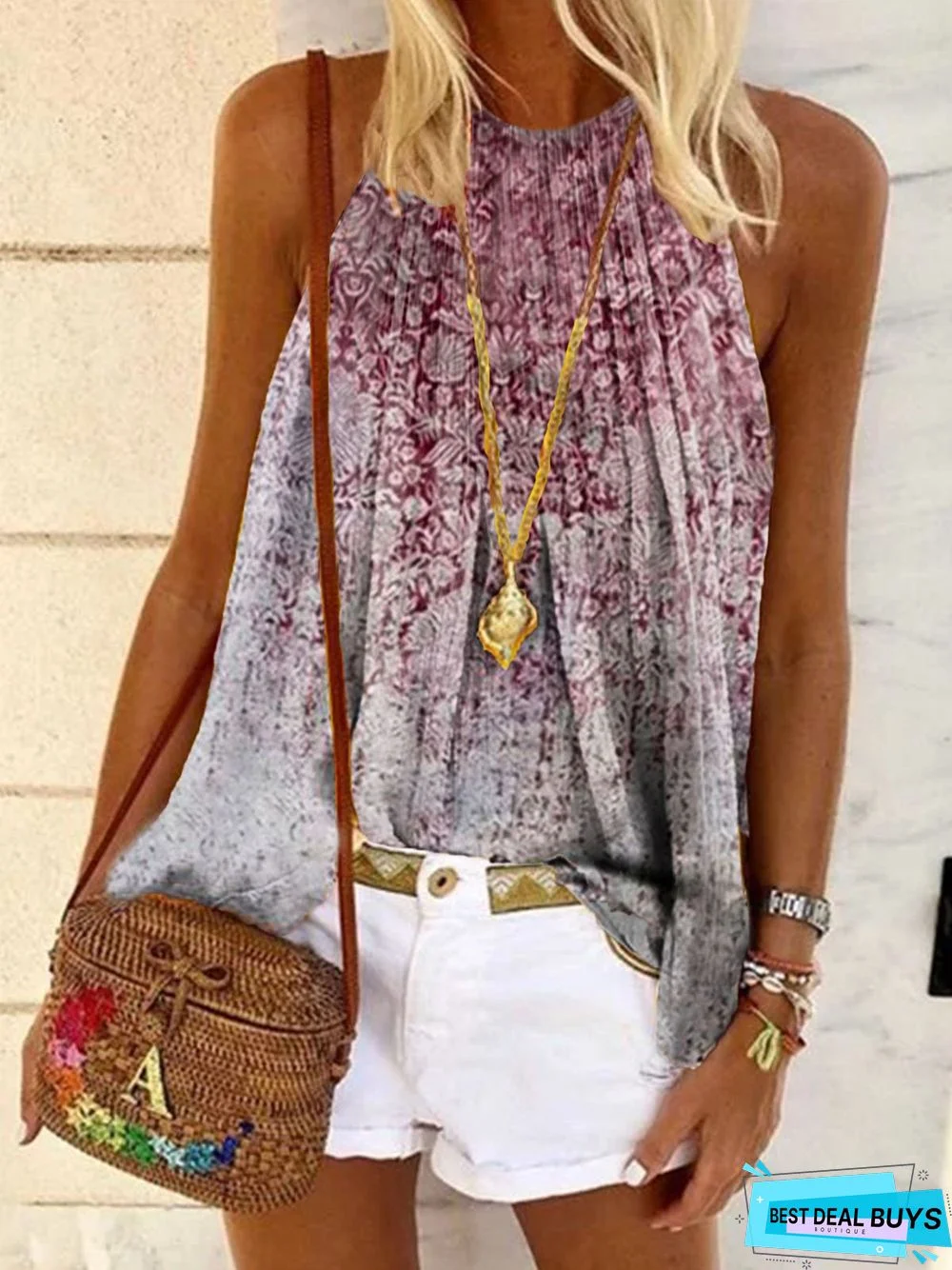 Casual Sleeveless Geometric Floral-Print Tops