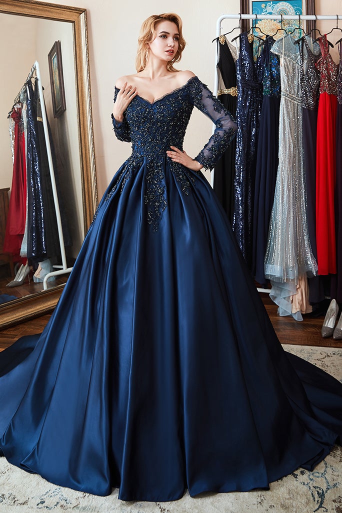 Oknass Long Sleeves Prom Dress Navy Lace Appliques