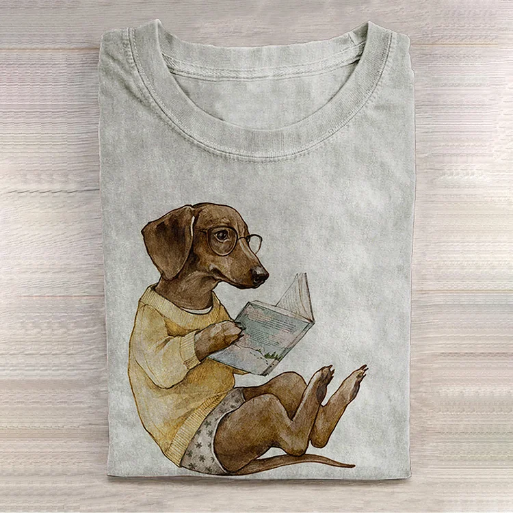 Comstylish Reading Dog Print Short Sleeved Casual T-Shirt