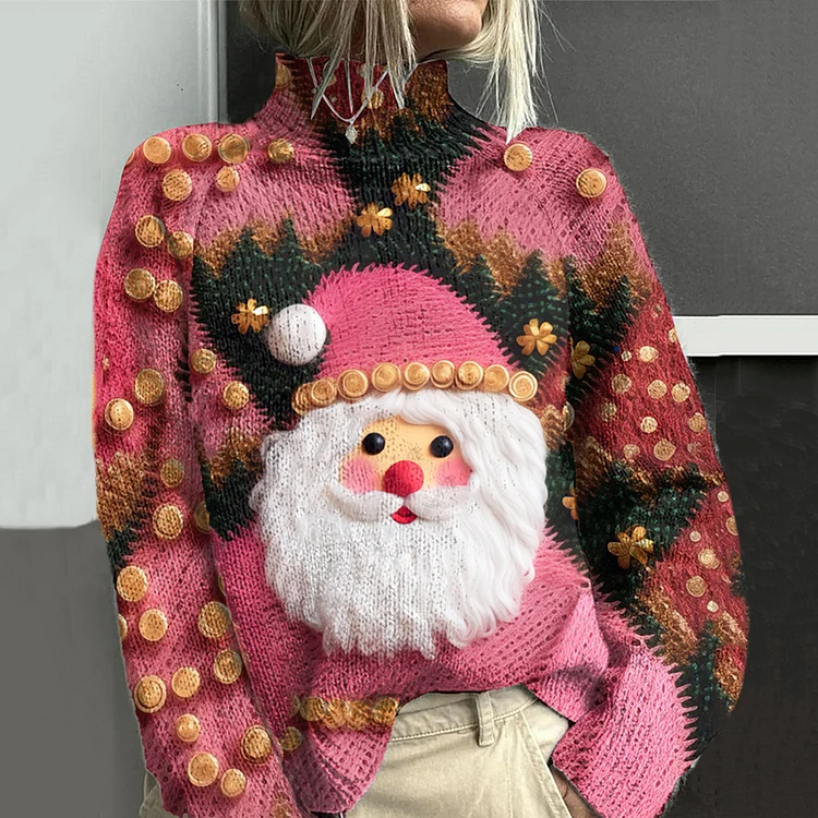 Pink Santa Claus Embroidery Knitted Turtleneck Sweater