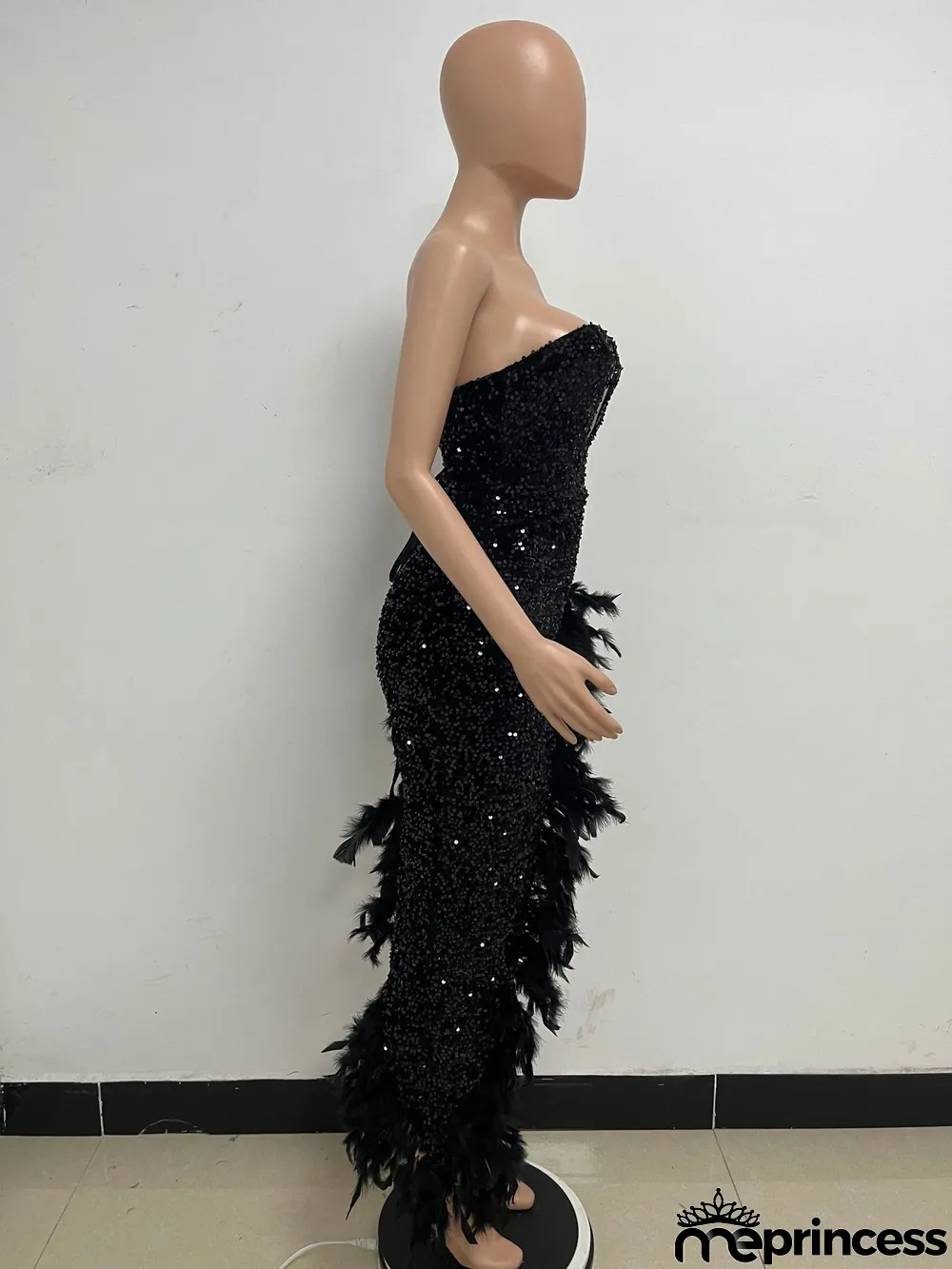 Women Sexy Off Shoulder Backless Sequin Feather Dress