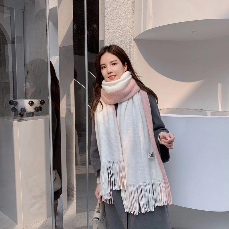 Imitation Cashmere Scarf Women’s Autumn And Winter Color-blocking Warm Japanese And Korean Style Couple Thickened Scarf Two-color Tassel Scarf