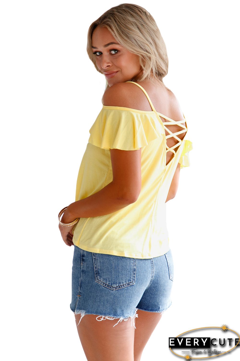 Yellow Crisscross Back Ruffle Cold Shoulder Top