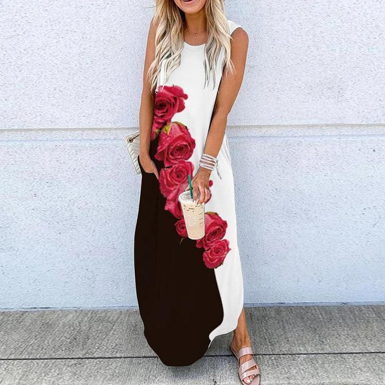 Loose Printed Vest Dress With Pockets-Mayoulove