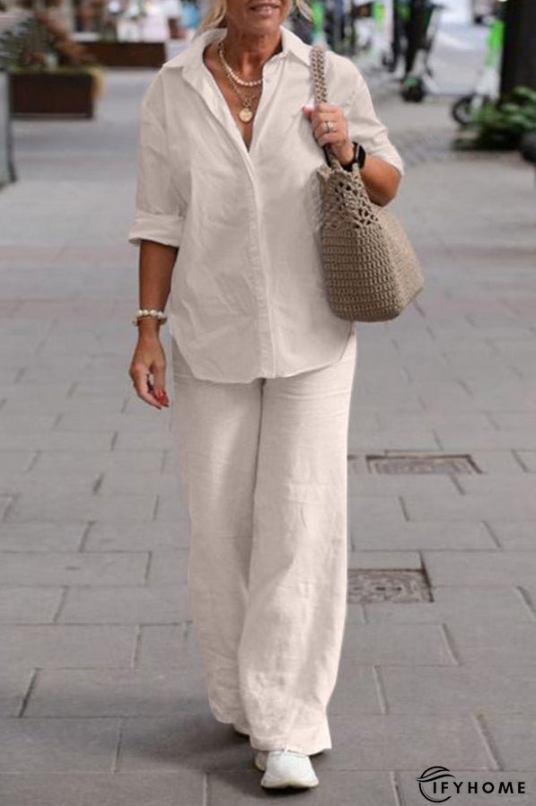 Solid Color Casual Long-sleeved Shirt and Elastic Waisted Loose Wide-leg Pants Set | IFYHOME
