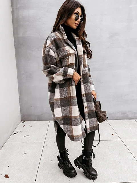 Autumn Winter Women Long-Sleeved Plaid Printed Shirt Jacket Fashion Loose Turn Down Collar Single-Breasted Long Shirt Coat Femme