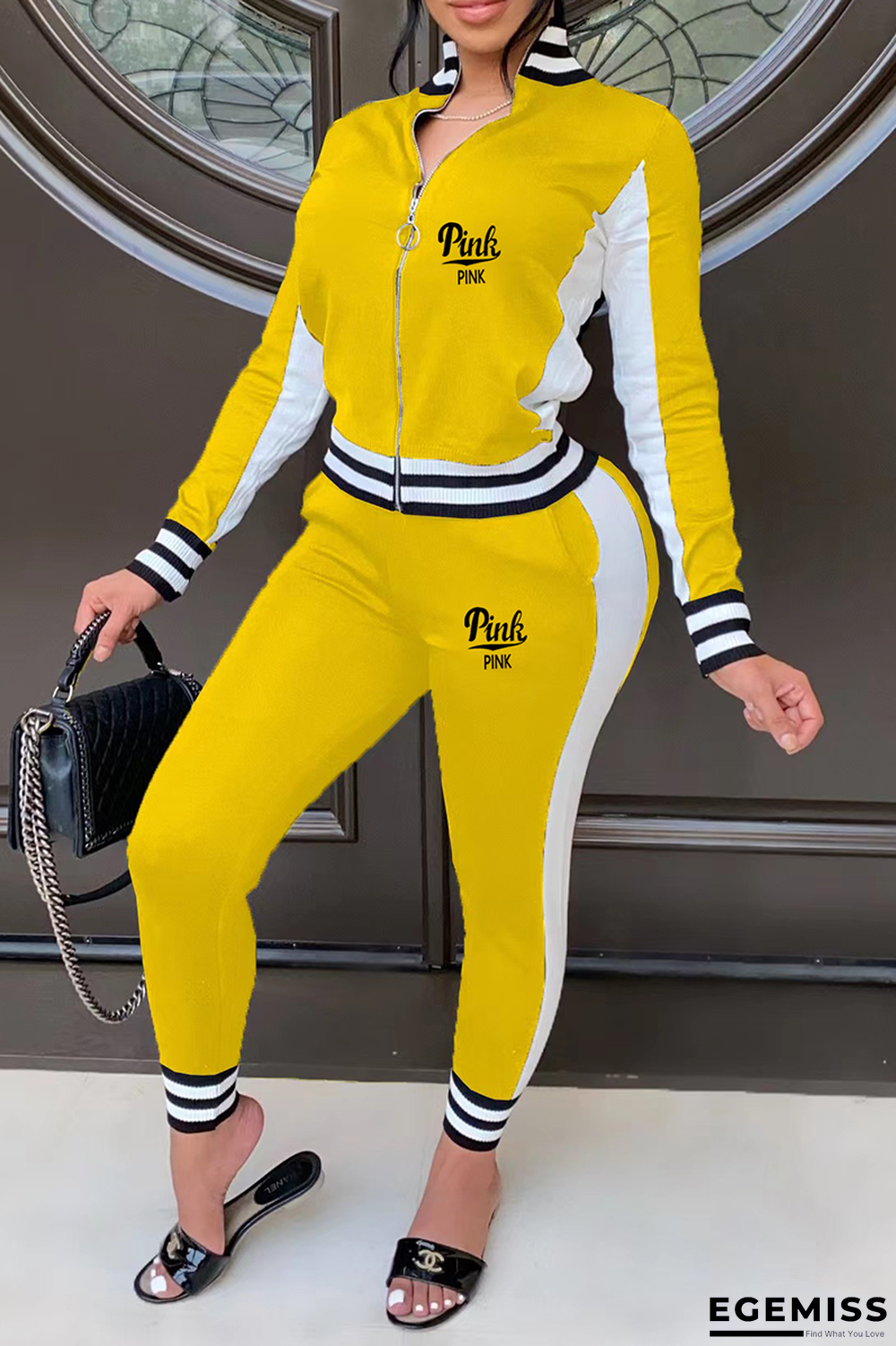 Yellow Fashion Print Patchwork Zipper Collar Long Sleeve Two Pieces | EGEMISS