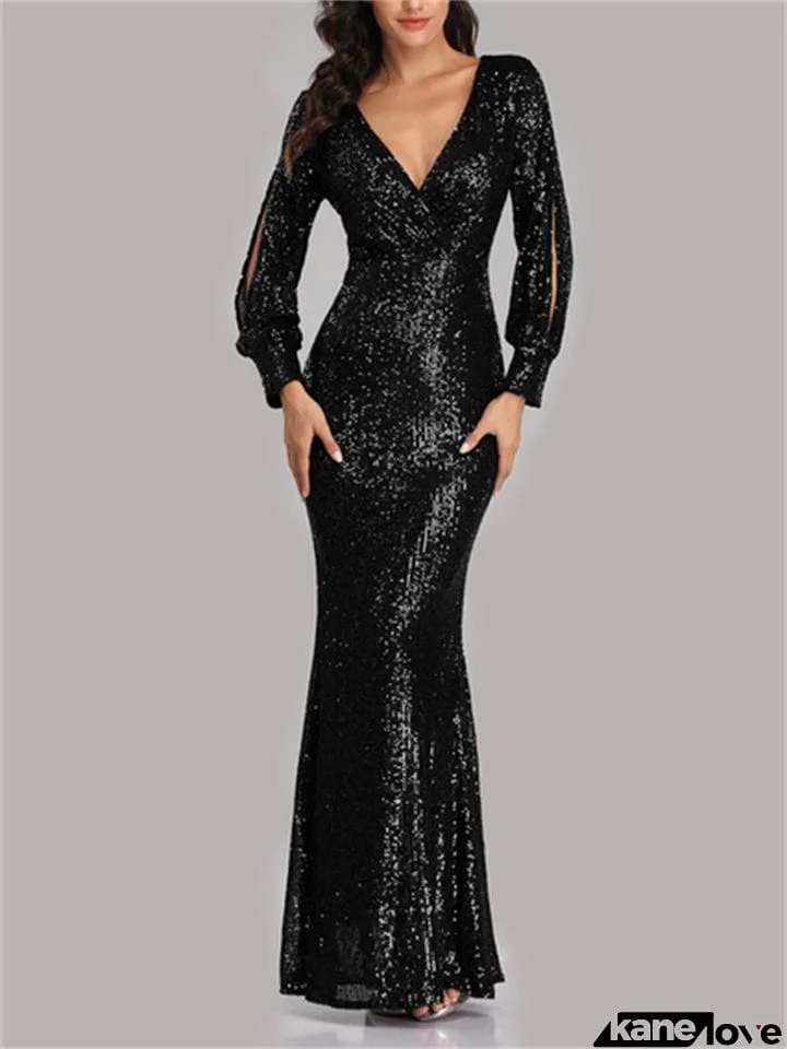 New Sexy V-neck Mermaid Sequins Design Long Sleeve Evening Dresses