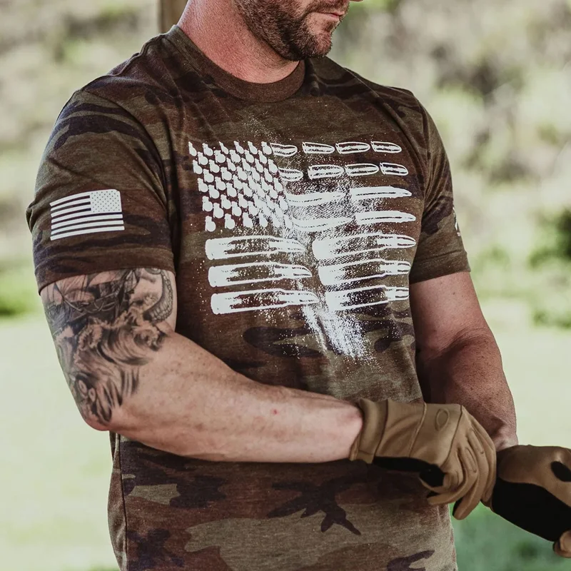 Woodland Camo Ammo Flag for Men Casual T-Shirt