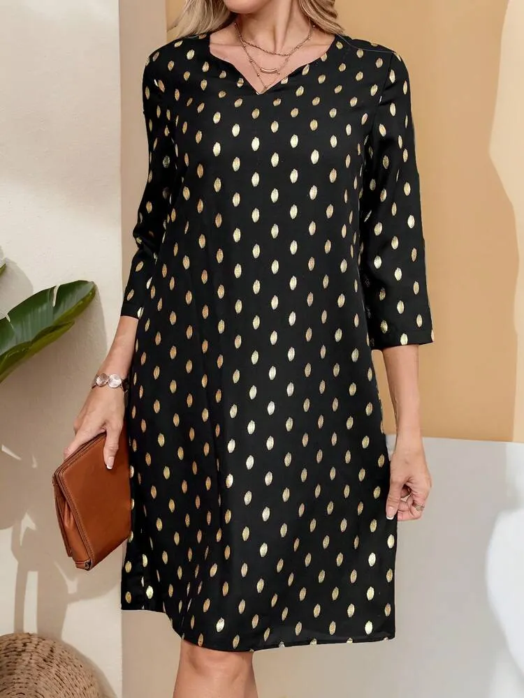 Women's Spring & Summer V-Neck 3/4 Sleeve Golden Dot Print Straight Dress