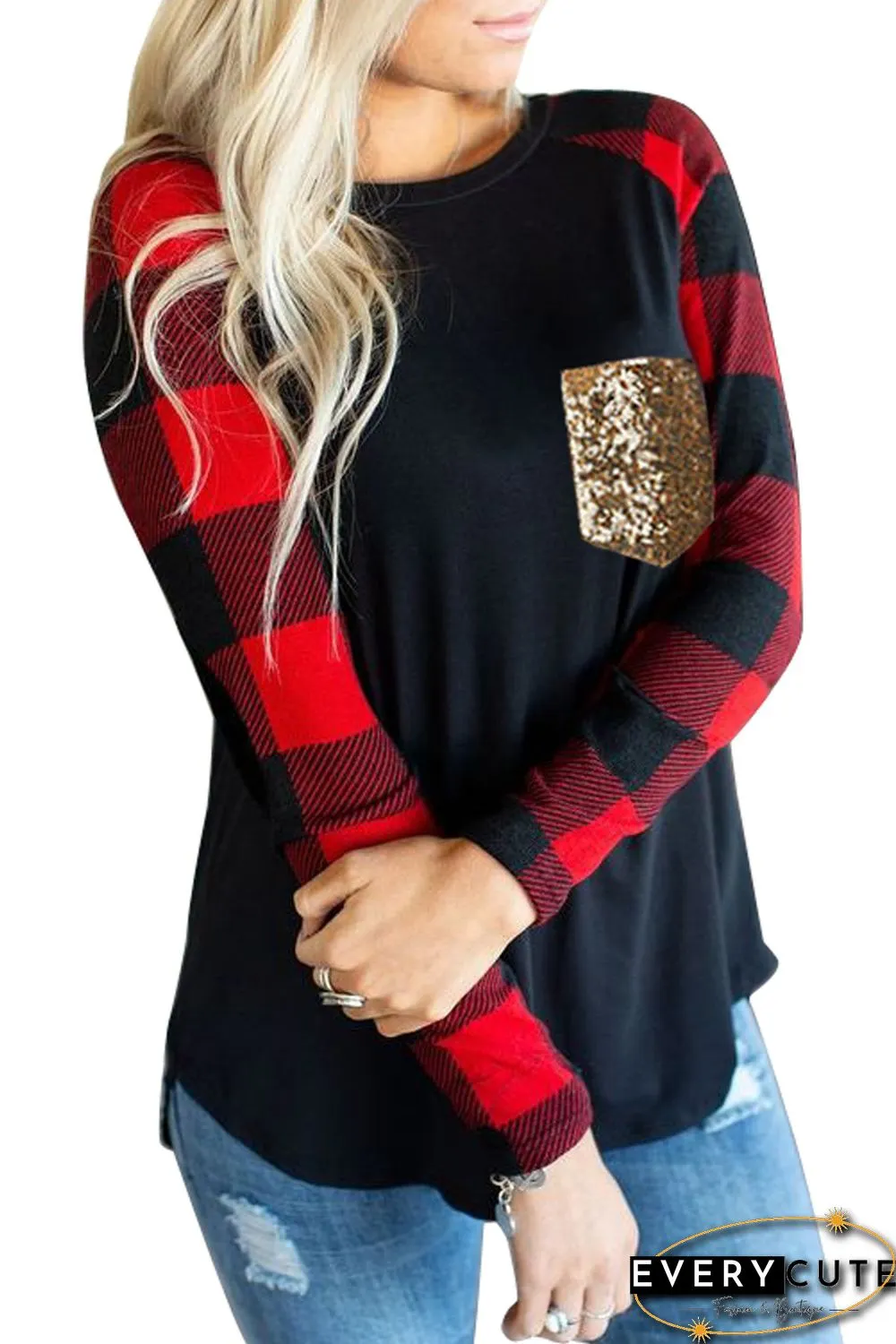 Sequined Pocket Plaid Raglan Black Top