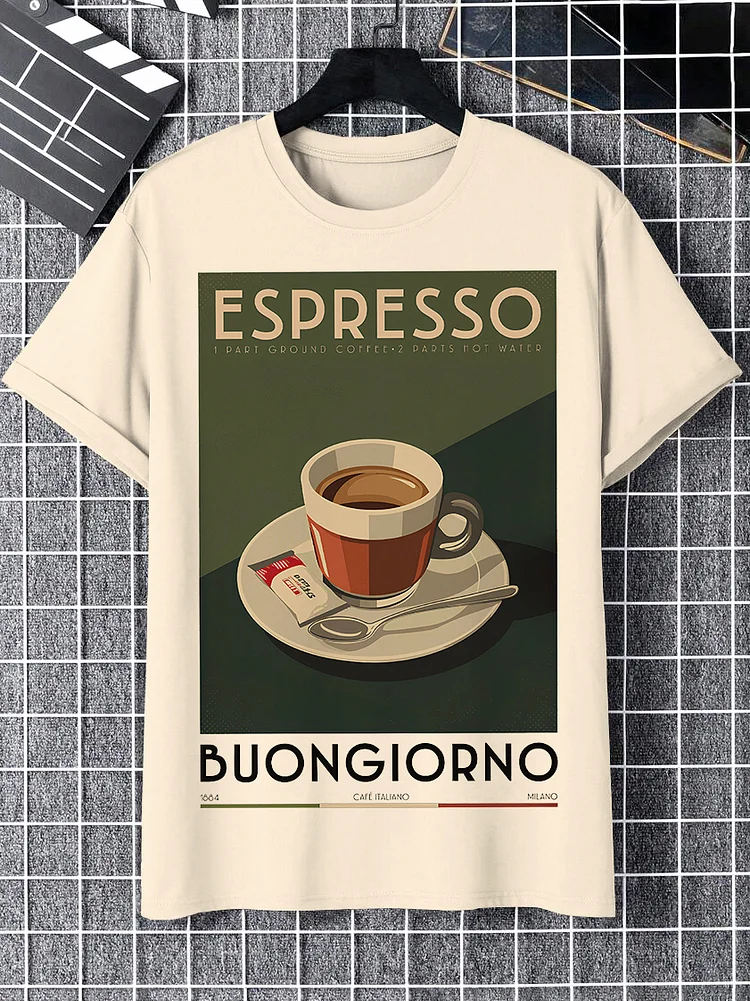100% Cotton Men's Vintage Espresso Coffee Print Casual T-Shirt