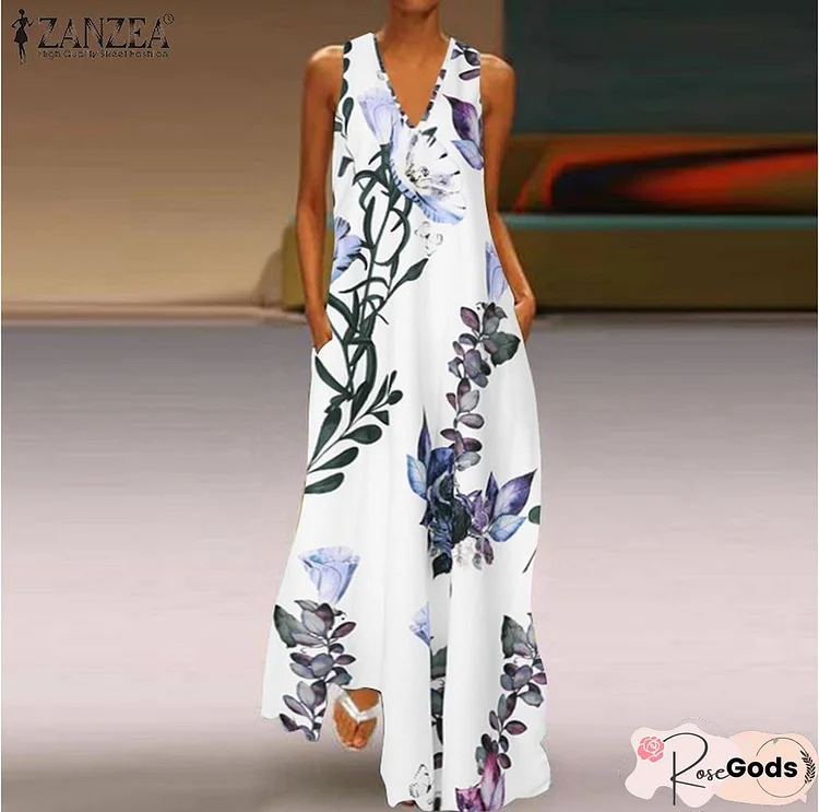 Printed Deep V-Neck Dress Sleeveless A-Word Large Size Long Dress White Dresses