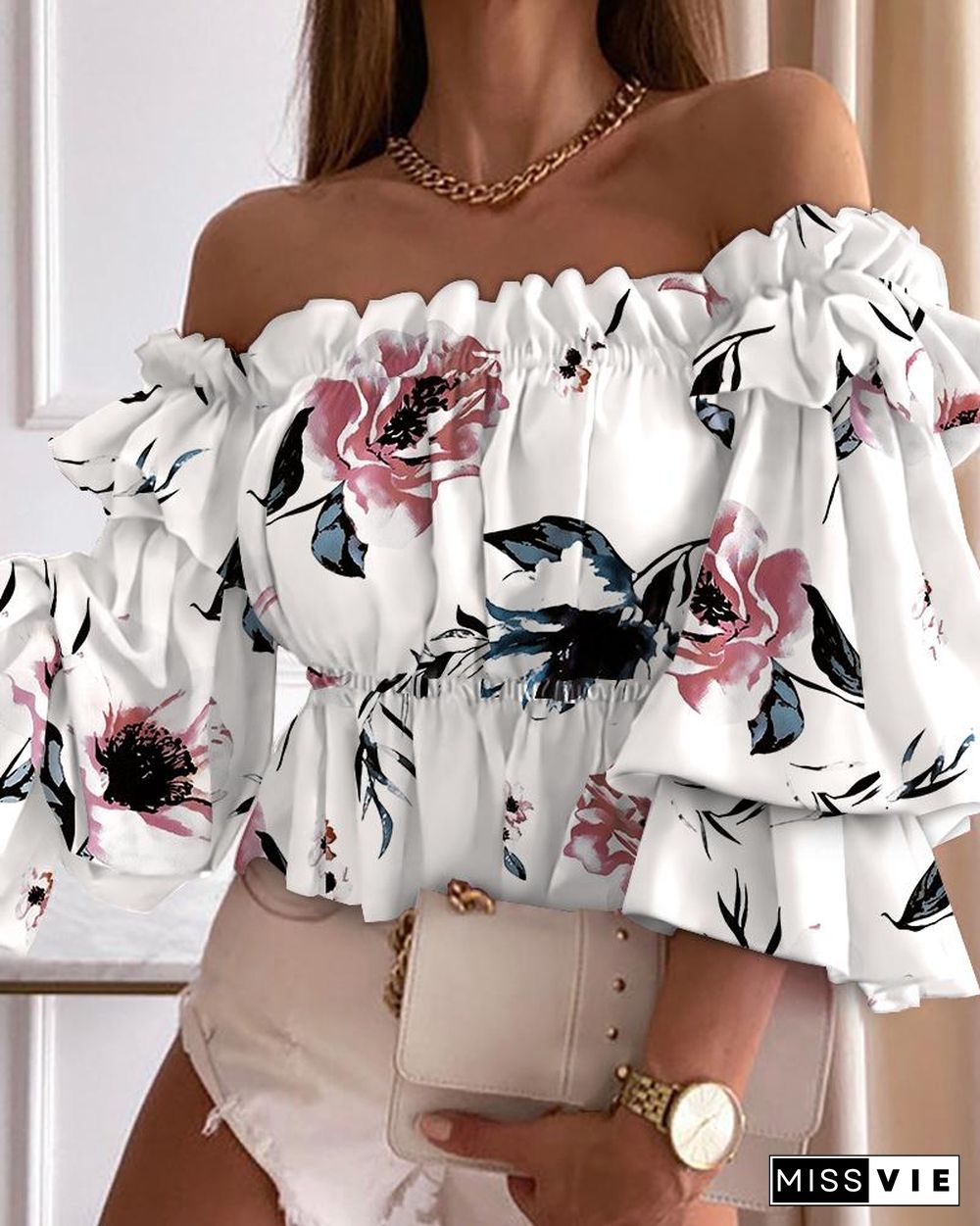 Floral Print Off Shoulder Layered Shirred Top