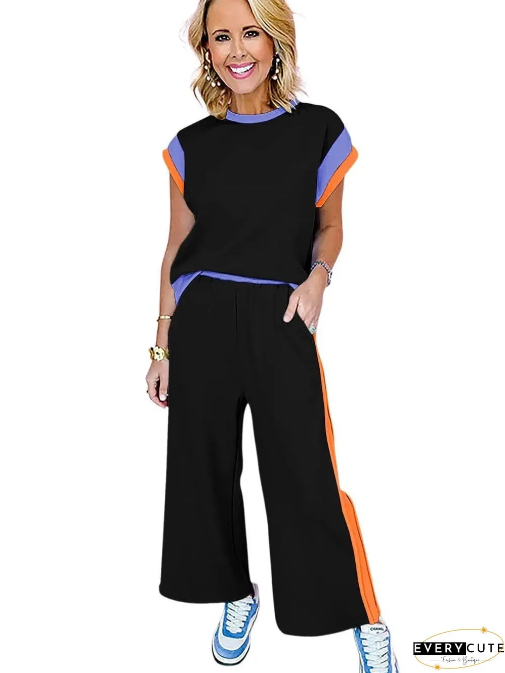 Chic Black Color Block Two-Piece Set