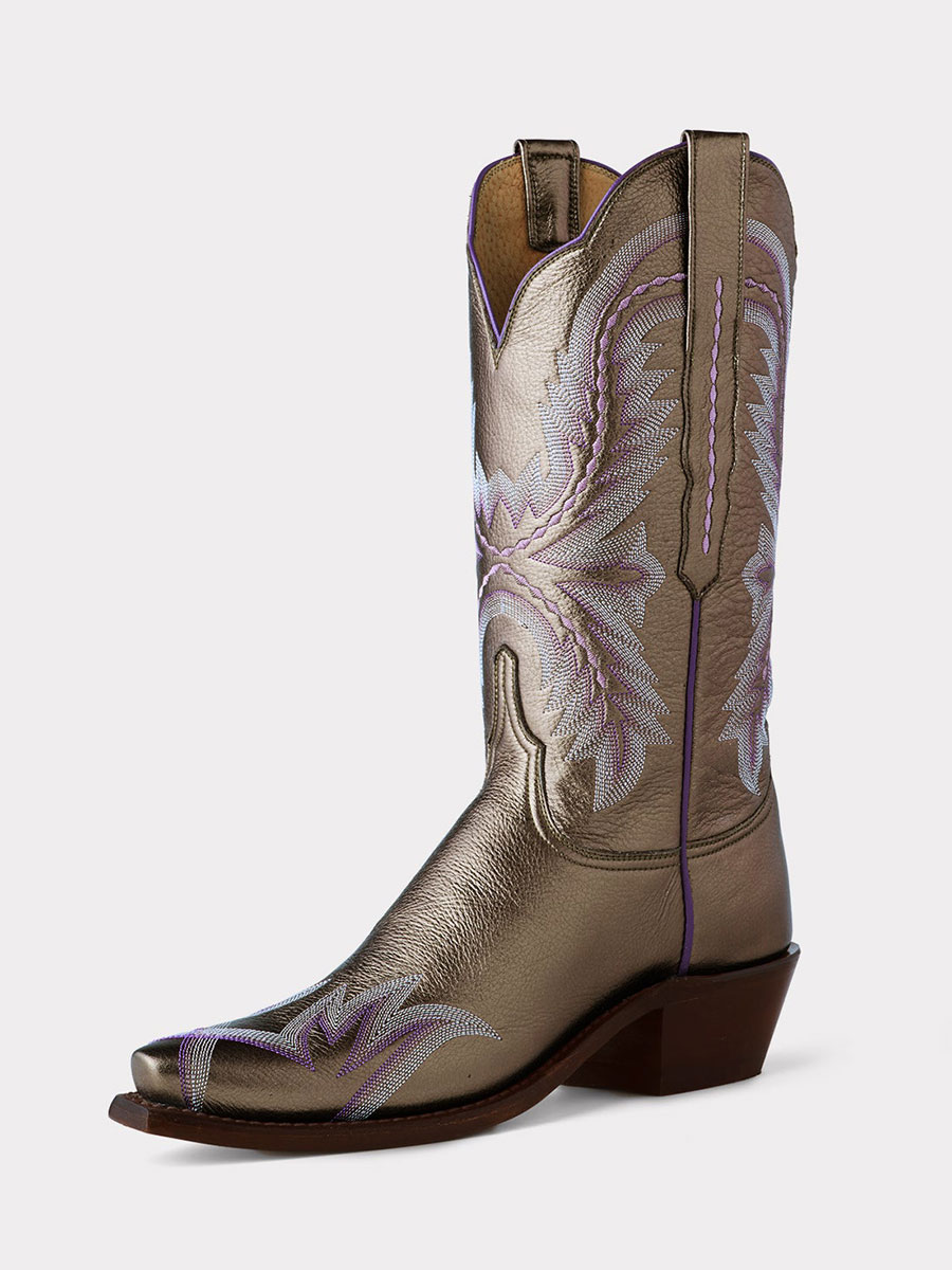 Metallic Gold Snip Toe Mid-Calf Cowgirl Boots with Purple Embroidery