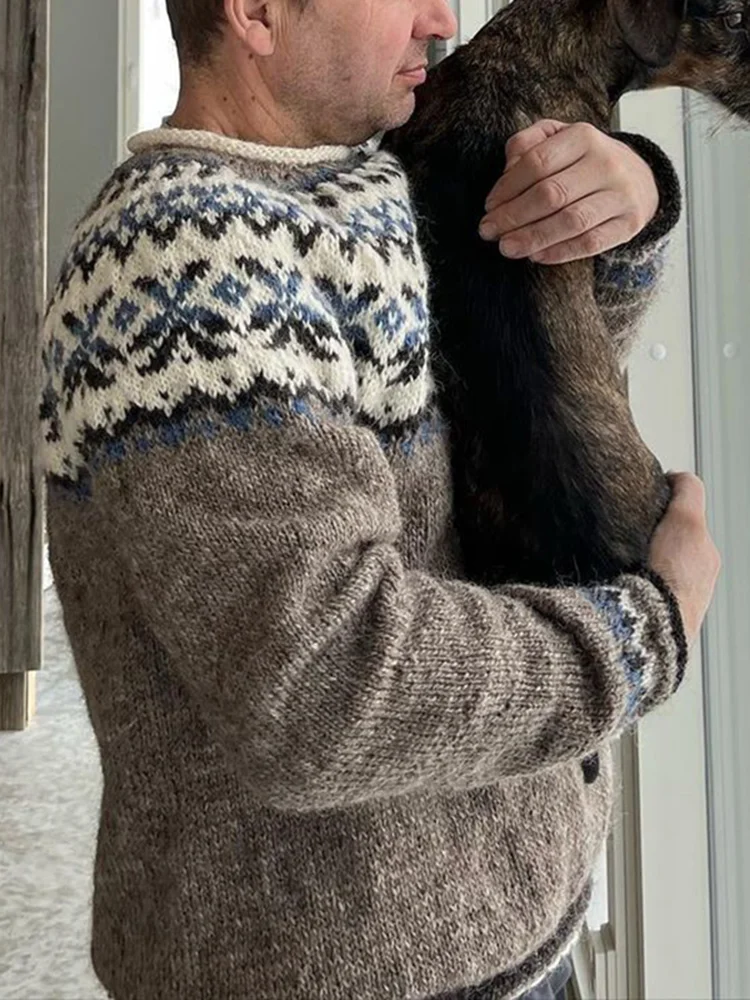 Vintage Warmth Vastarannalla Knit Jacquard Icelandic Crew Neck Sweater（Unisex ）