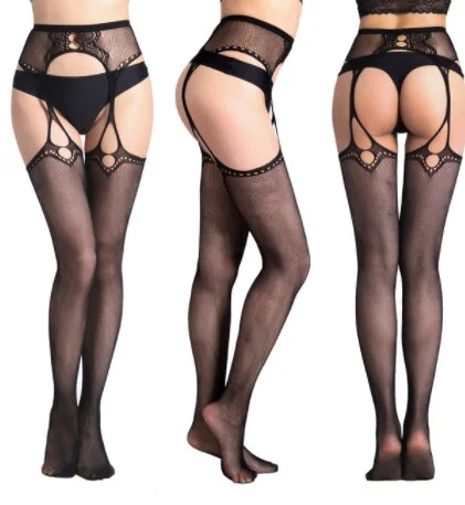 Sexy Pantyhose Fishnet Lace Open C Thigh High Stockings + Garter Belt Suspenders Underwear Women Black Floral Pantyhose