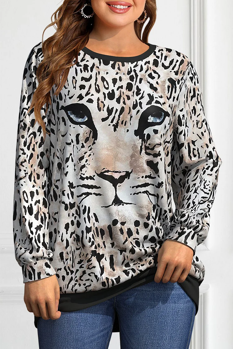 Flycurvy Plus Size Casual Black Leopard Print Long Sleeve Sweatshirt  Flycurvy [product_label]