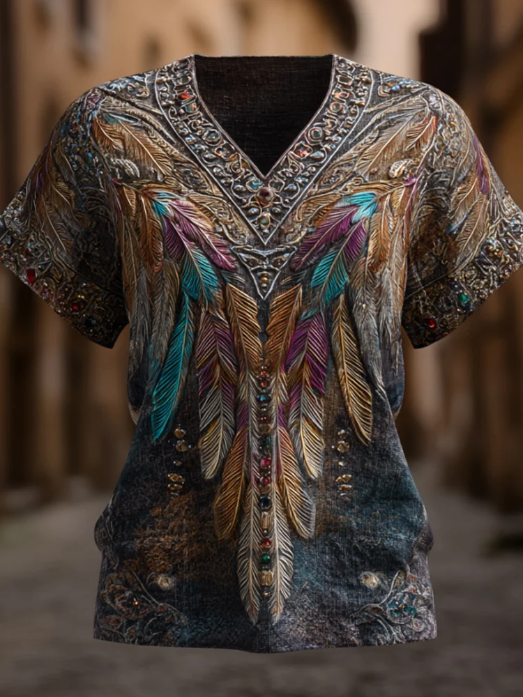 VChics Western Sculpted Style Three-dimensional Feather Gem V-neck Vintage Short-sleeved Shirt