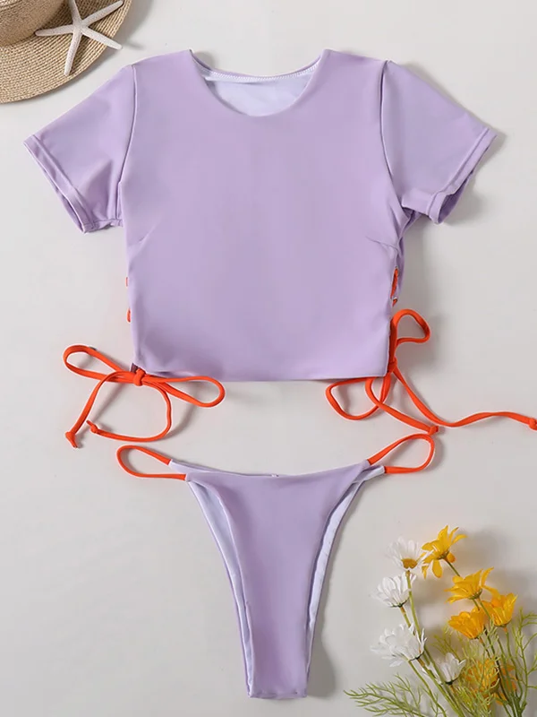 Plain Short Sleeve Split-Joint Drawstring Tankini Swimwear