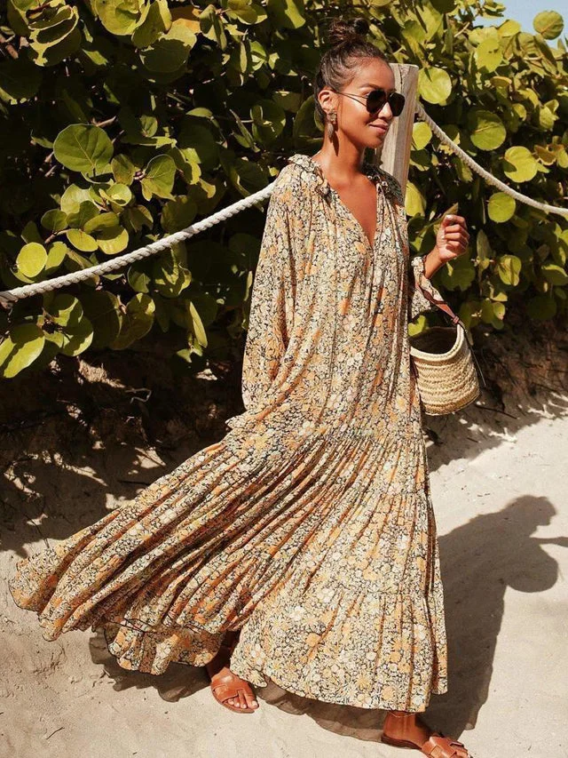 Elegant Printed Long Sleeve Maxi Vacation Dress