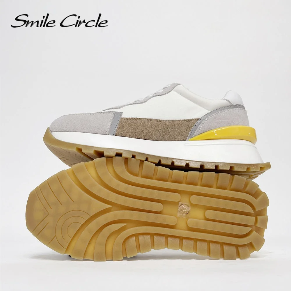 Smile Circle Women Sneakers Flat Platform shoes Cow Leather spring fashion Reflective Breathable Thick bottom Ladies Shoes