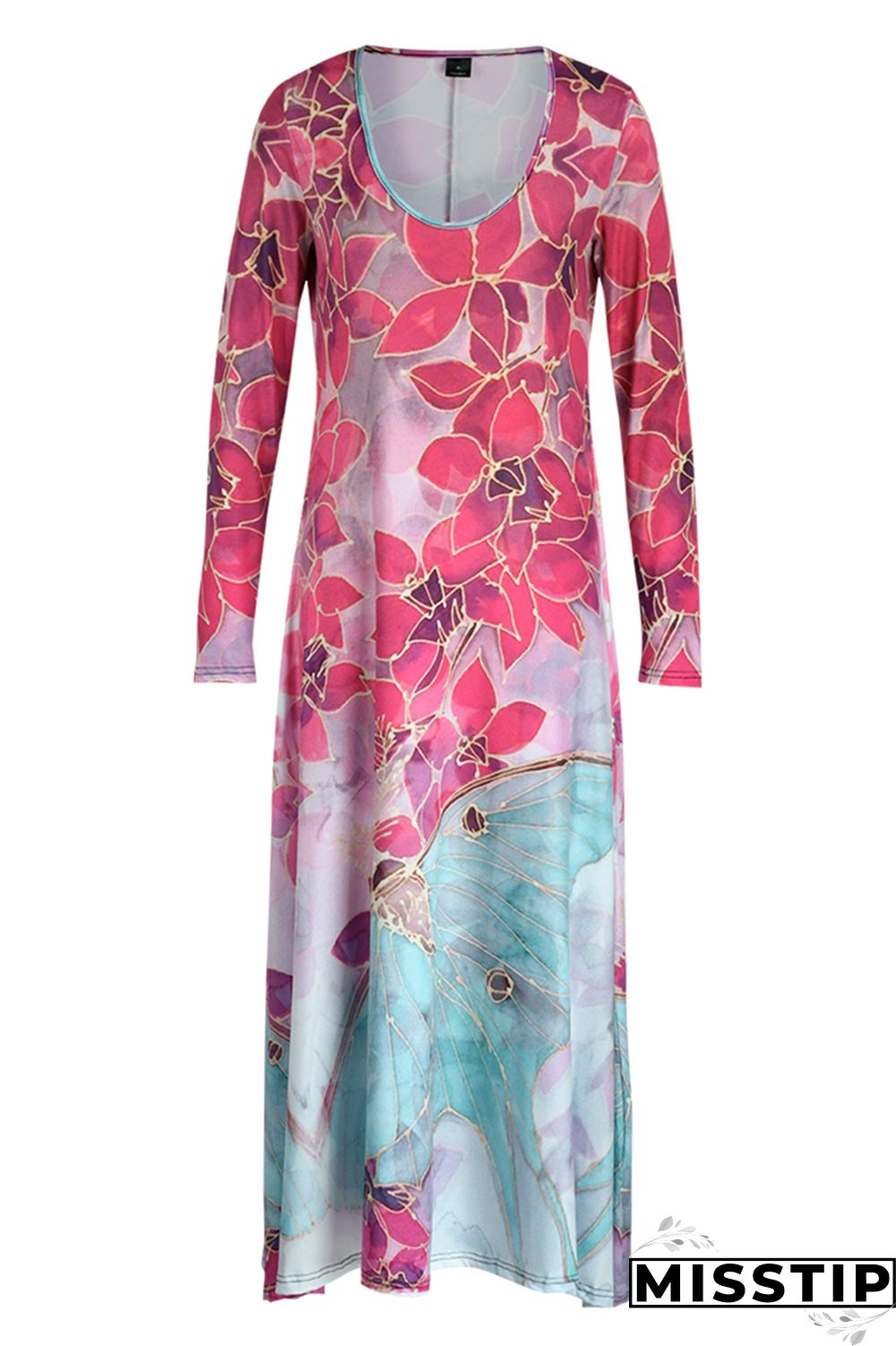 Cyan Fashion Casual Print Patchwork V Neck Long Sleeve Dresses