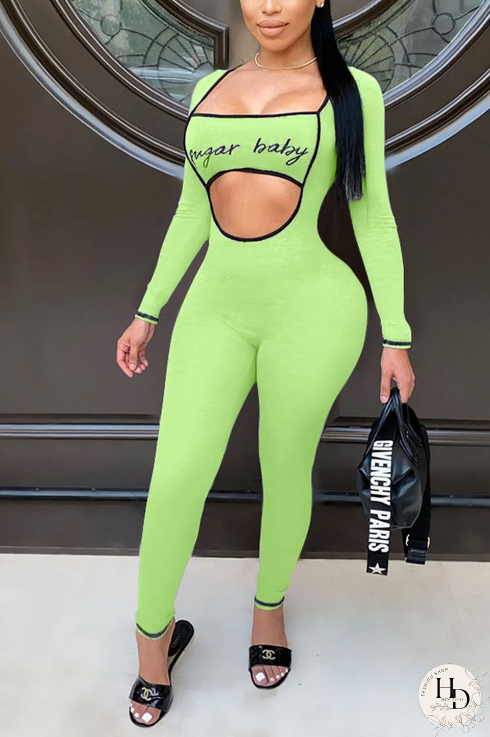 Green Sexy Print Long Sleeve O Neck Jumpsuits