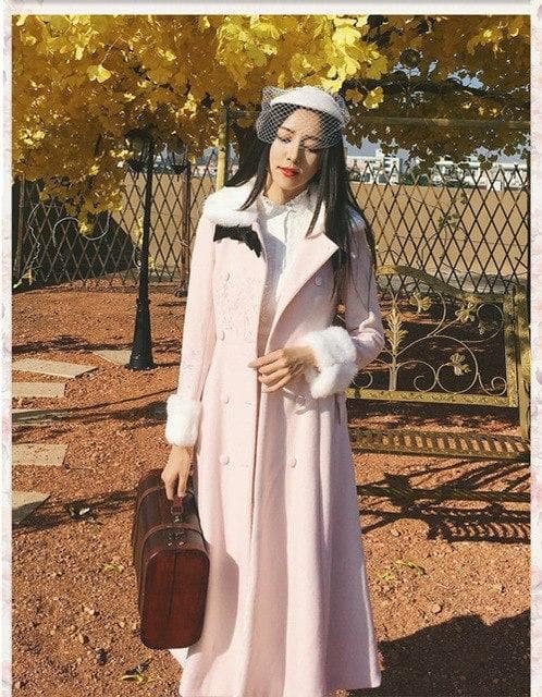 Light Pink Sweet Winter Woolen Double Breasted Maxi Long Dress Coat SP13263