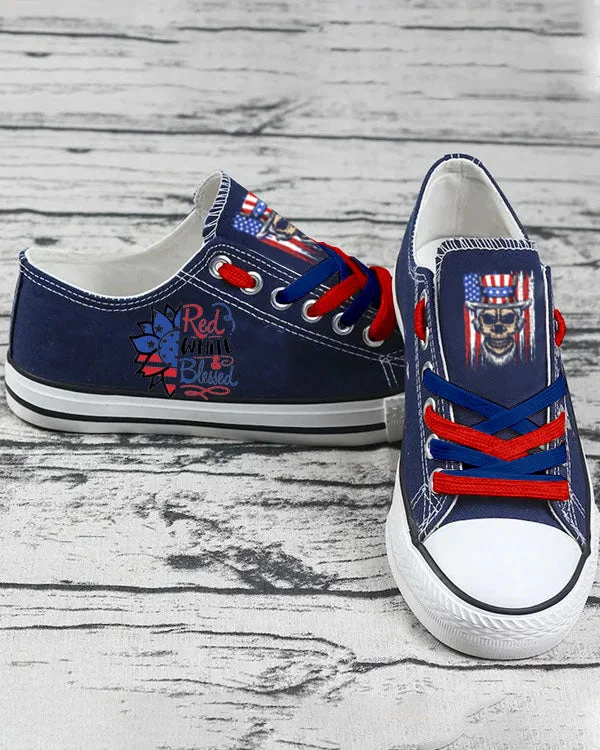 Canvas Shoes Low Top Sneakers Unisex Walking Shoes Printed inUSA, Independence Day, Star, Striped, Blue, Red