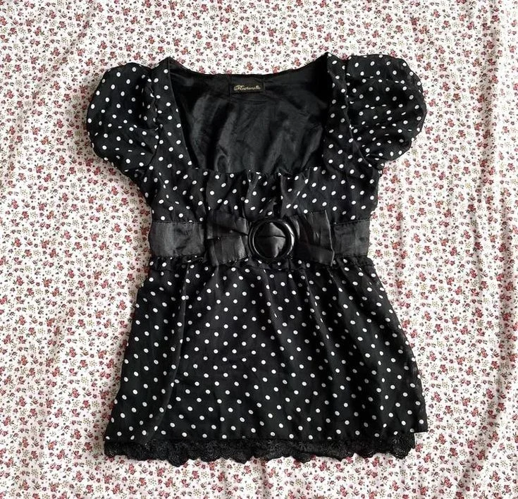 Aonga Aesthetic Crop Top Women Clothes Polka Dot T shirts Harajuku Short sleeve Lace Casual 2000s Graphic Tees Femme Kawaii Korea Tops aonga