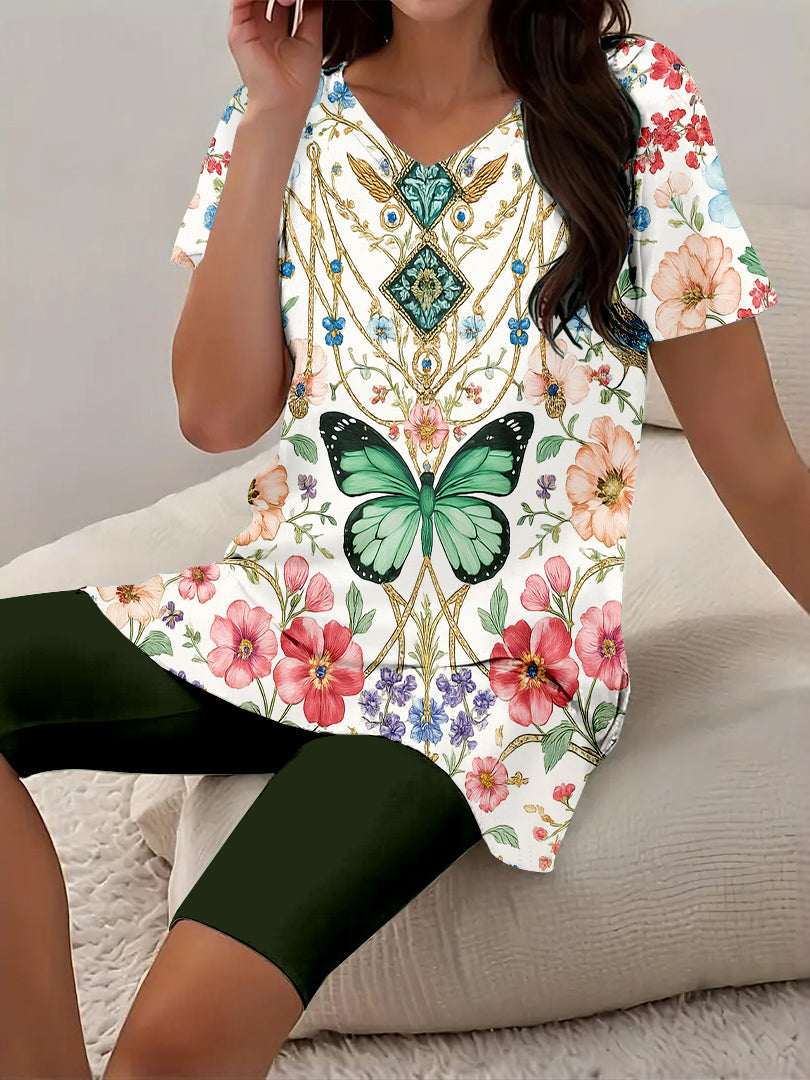 Women Long Sleeve V-neck Graphic Floral Printed Top