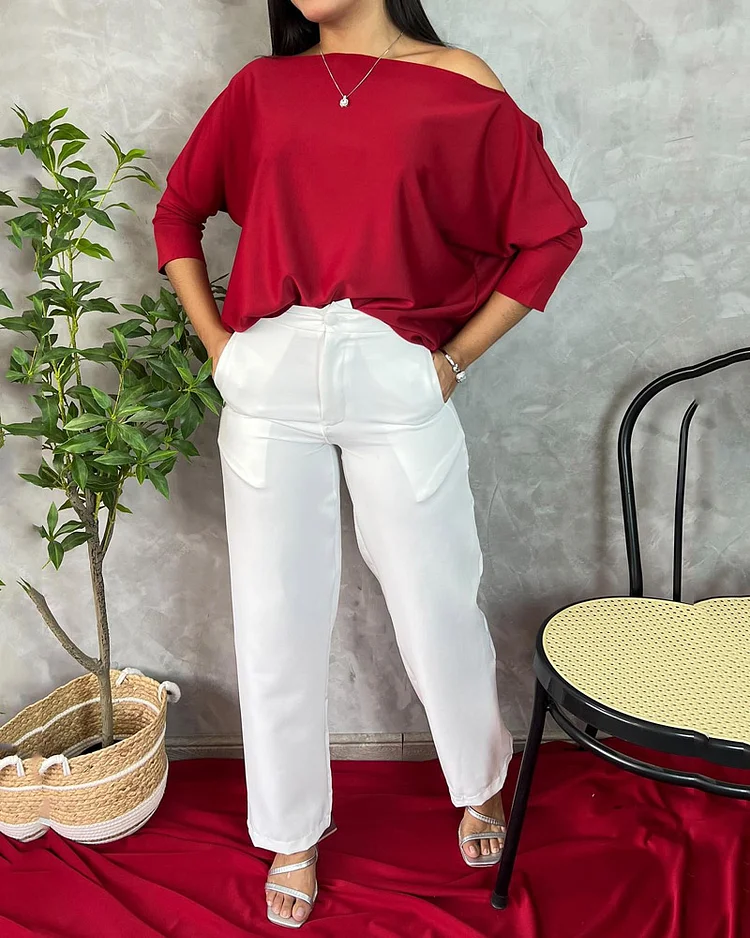 Solid Color Off-shoulder Top & Casual Pants Two-piece Set