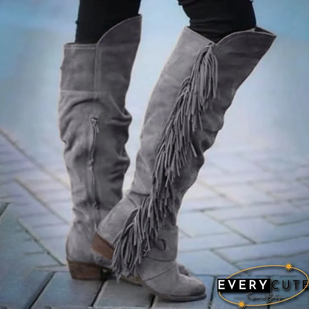 Suede Long Boots Women Over Knee Vintage Botas Chunky Heel Side-zipper Round Toe Tassel
