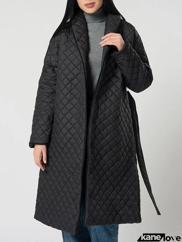 Long Sleeves Loose Rhombic Solid Color Tied Waist Lapel Padded Coat