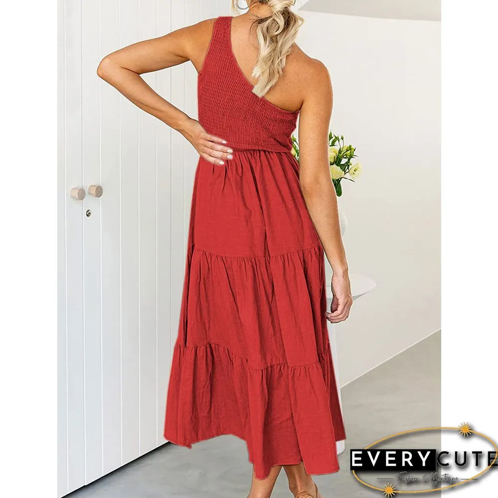 Red One-shoulder Swing Holiday Casual Dress