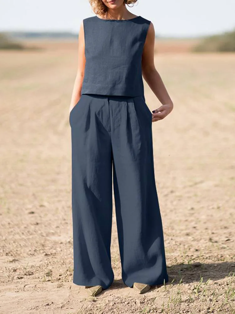 Sleeveless Top With Wide Leg-Pants 2 Pcs Suit