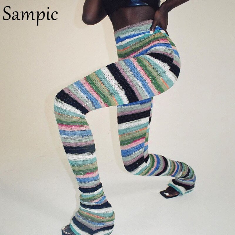 Sampic Tie Dye Casual Striped Knitted Skinny High Waisted Long Pants Streetwear Summer 2021 Fashion Sexy Wrap Trousers Harajuku