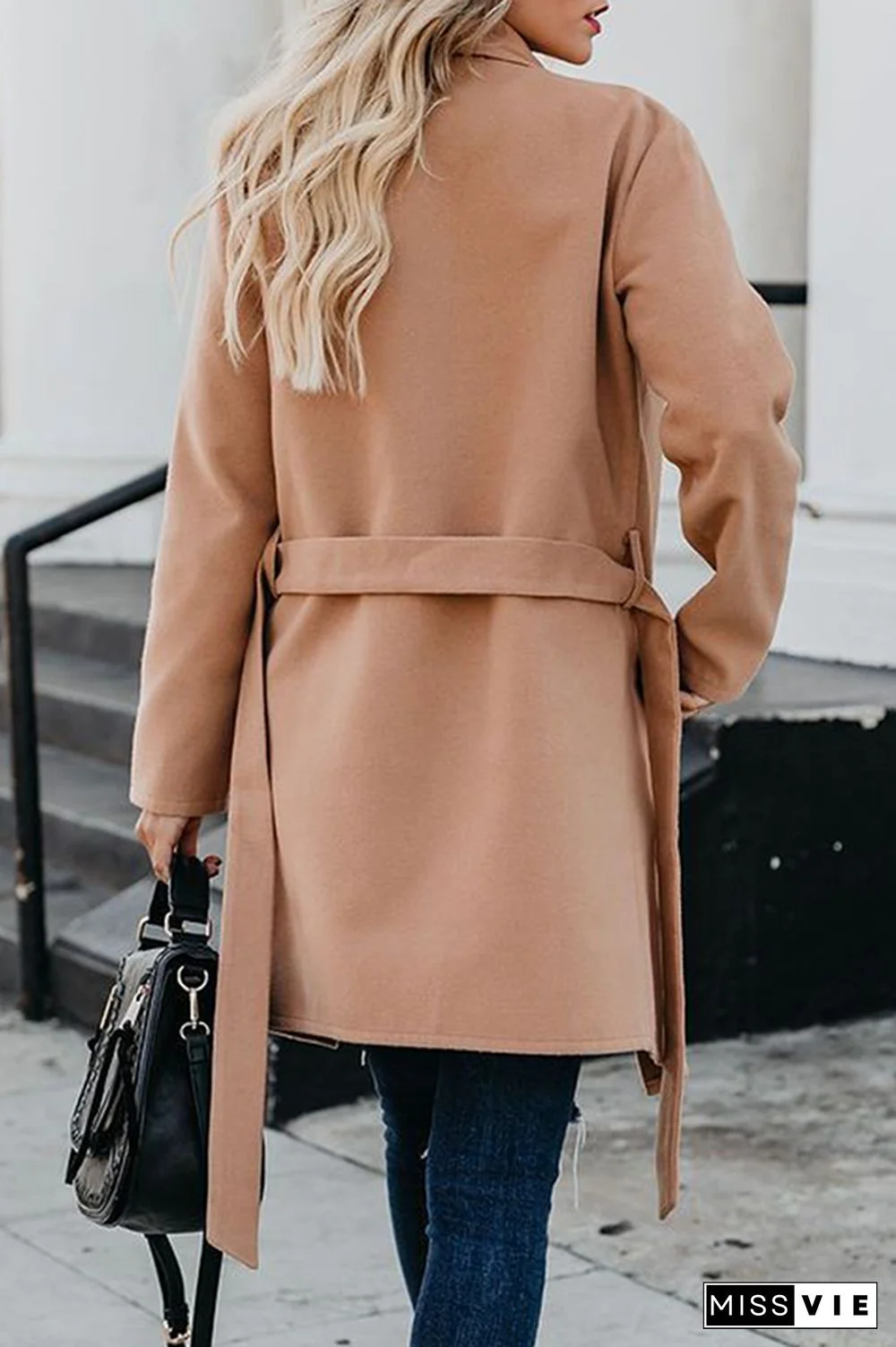 Elegant Solid Pocket With Belt Turndown Collar Outerwear