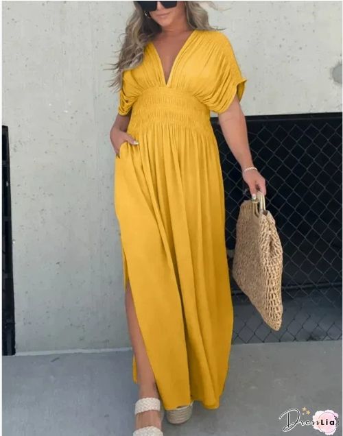 Casual Print Slit V Neck Straight Dresses
