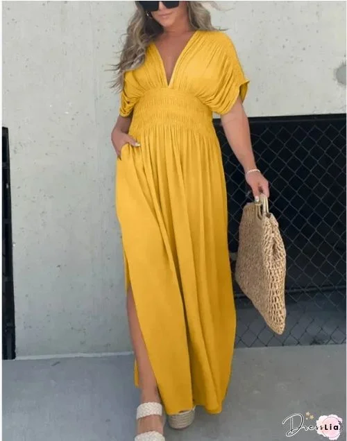 Casual Print Slit V Neck Straight Dresses