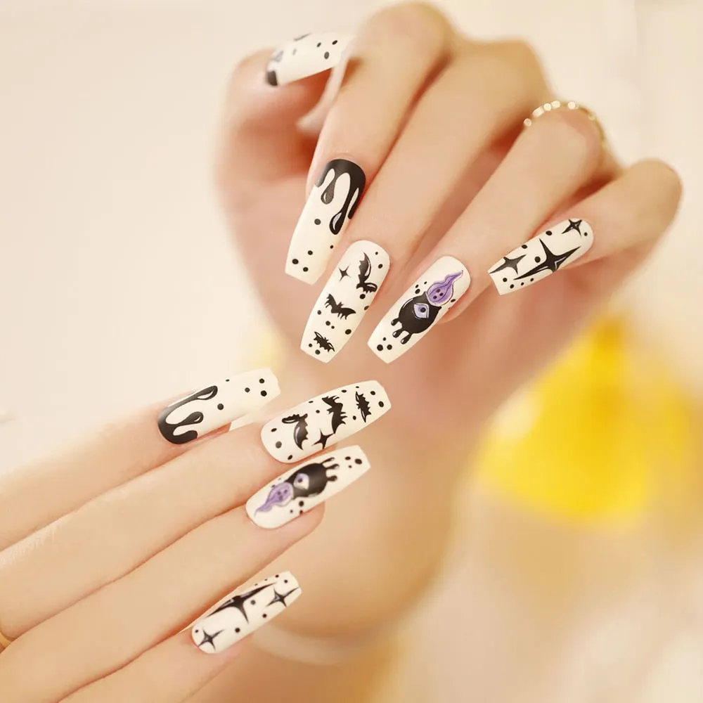 24pc/Box press on nails halloween Dark black Punk Ghost head tip nail pre design acrylic nail tip Full Cover Fake Nail 211-Nail Inspo