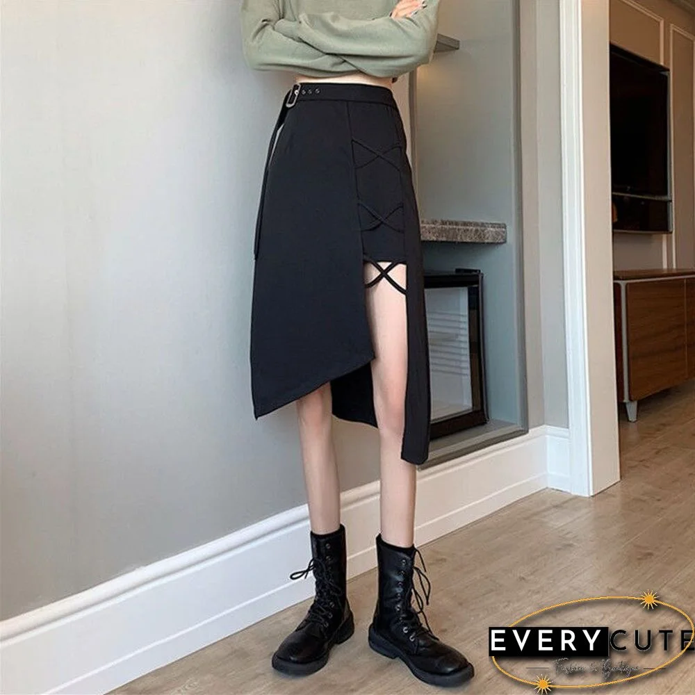 Vintage Irregular Gothic Skirt Women Summer High Waist Belt Harajuku Midi Skirt Casual Korean Elegant A-line Y2k Skirt New