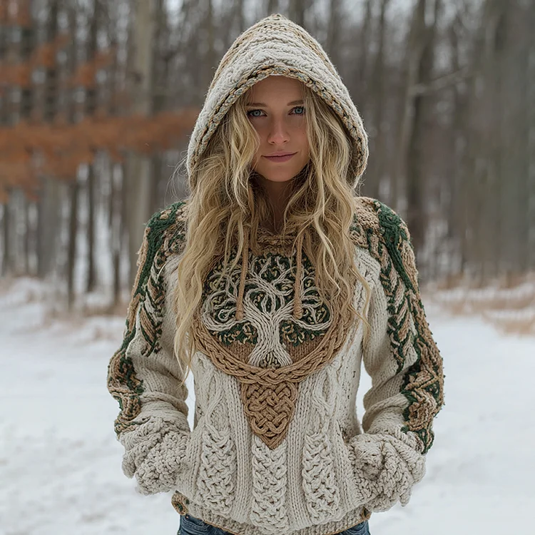 Women's Vintage Viking Tree Of Life Celtic Knot Pattern Cozy Knit Hooded Sweater