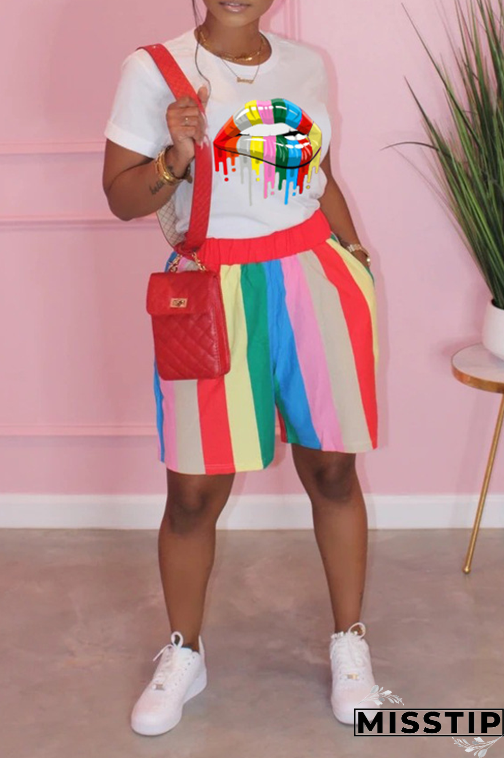 Black Casual Striped Lips Printed Patchwork O Neck Short Sleeve Two Pieces