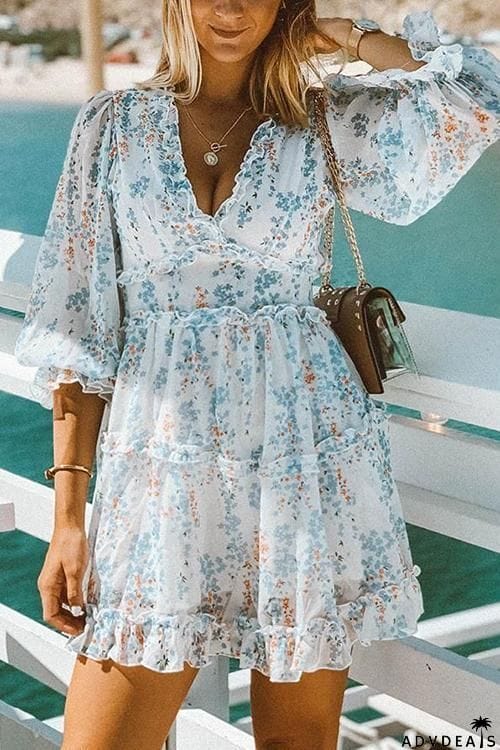 Print V Neck Backless Mini Dress
