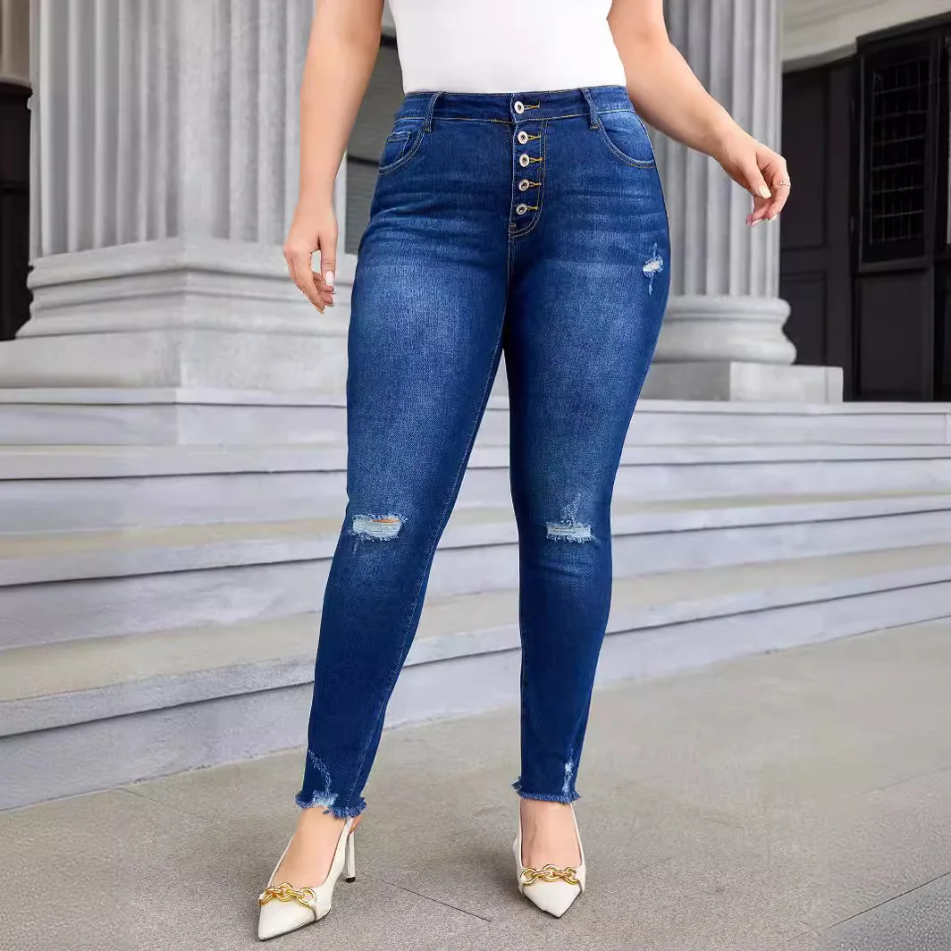 Women's Large-size Denim Breasted Pants Elastic Ripped Pencil Pants Plus Size