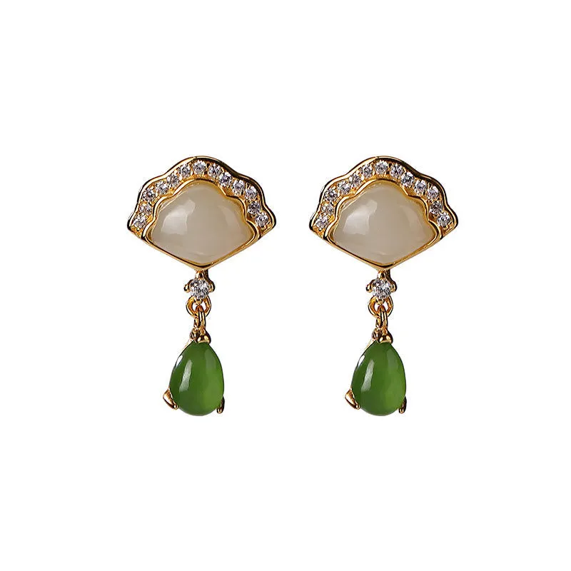 White Jade Cyan Jade Fan Water Drop Pattern Luck Drop Earrings